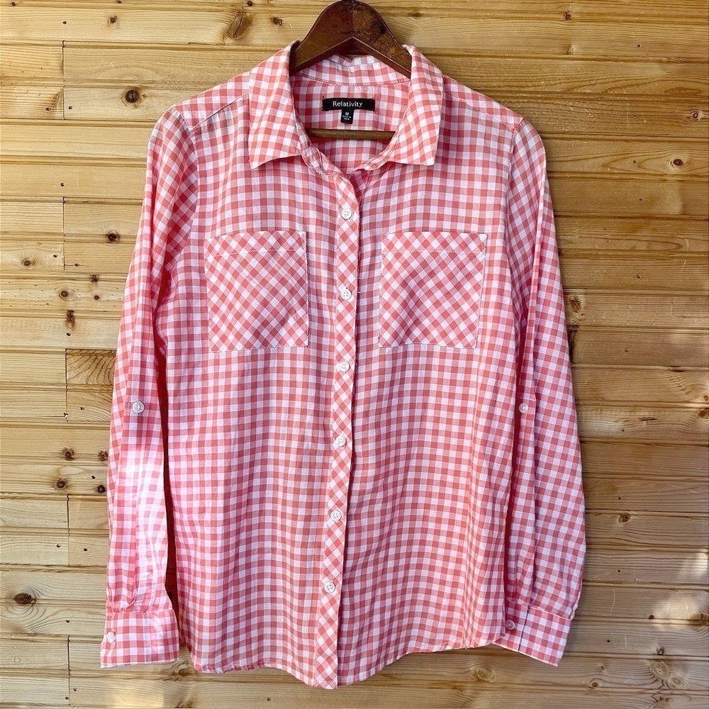 Gingham Long Sleeved Button Down Orange Medium Relativity Checkered Country